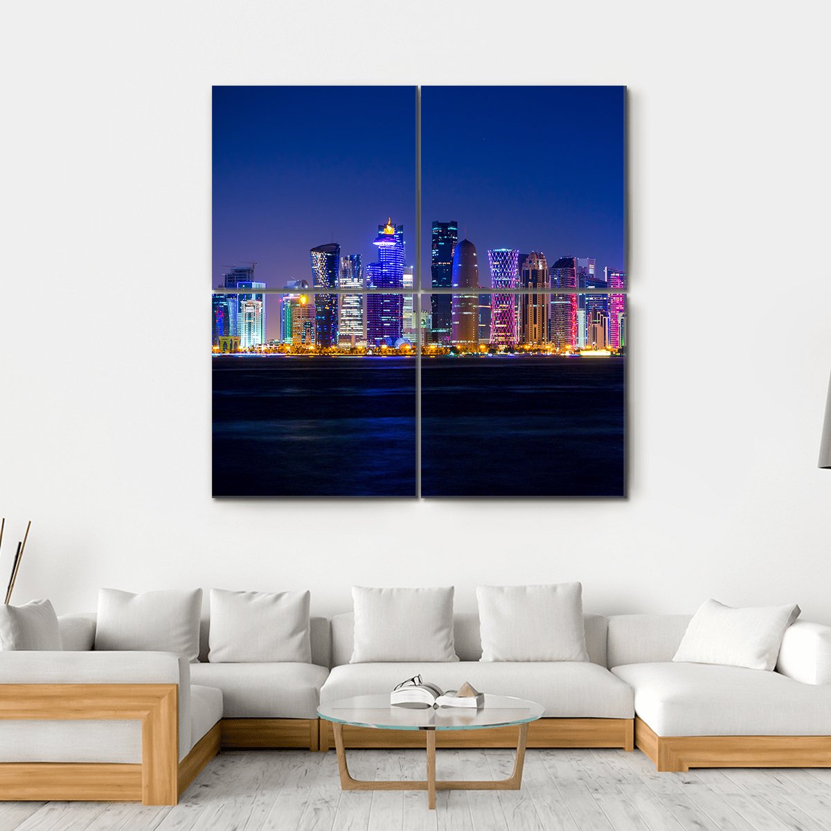 Doha Skyscrapers At Night Canvas Wall Art-4 Square-Gallery Wrap-17" x 17"-Tiaracle