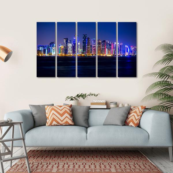 Doha Skyscrapers At Night Canvas Wall Art-5 Horizontal-Gallery Wrap-22" x 12"-Tiaracle