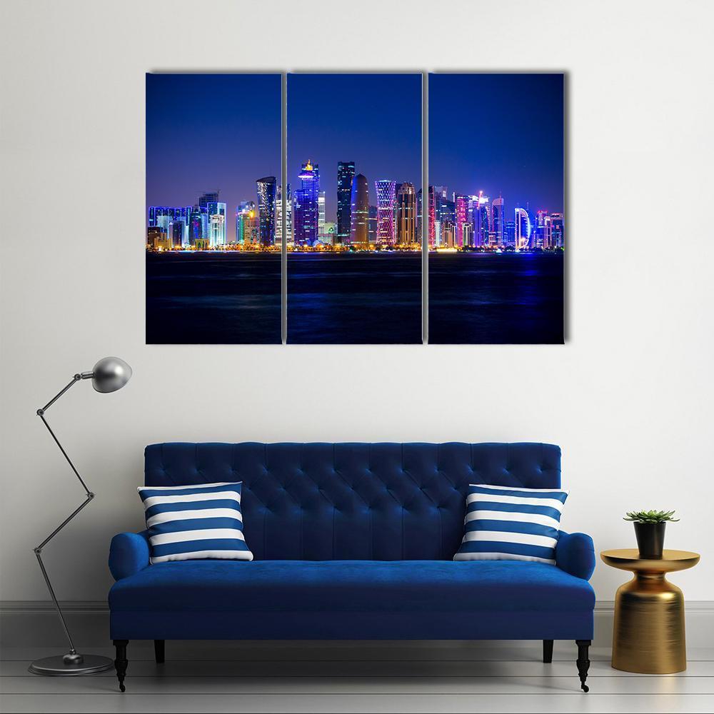 Doha Skyscrapers At Night Canvas Wall Art-3 Horizontal-Gallery Wrap-37" x 24"-Tiaracle