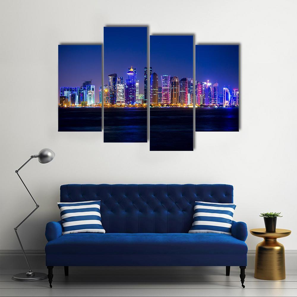 Doha Skyscrapers At Night Canvas Wall Art-4 Pop-Gallery Wrap-50" x 32"-Tiaracle