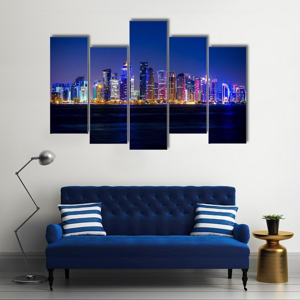 Doha Skyscrapers At Night Canvas Wall Art-5 Pop-Gallery Wrap-47" x 32"-Tiaracle