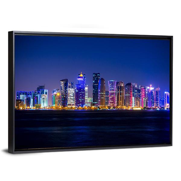 Doha Skyscrapers At Night Canvas Wall Art-3 Horizontal-Gallery Wrap-25" x 16"-Tiaracle