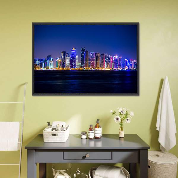 Doha Skyscrapers At Night Canvas Wall Art-3 Horizontal-Gallery Wrap-25" x 16"-Tiaracle