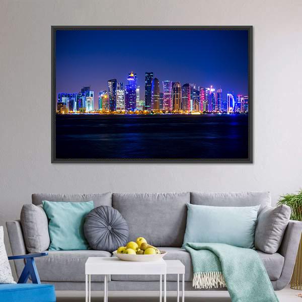 Doha Skyscrapers At Night Canvas Wall Art-3 Horizontal-Gallery Wrap-25" x 16"-Tiaracle