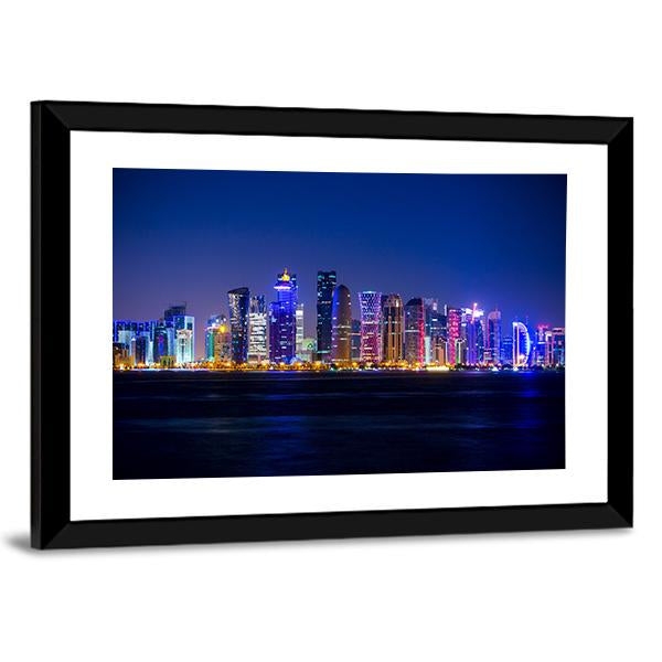 Doha Skyscrapers At Night Canvas Wall Art-3 Horizontal-Gallery Wrap-25" x 16"-Tiaracle