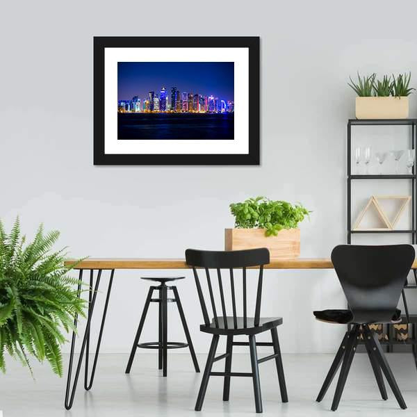 Doha Skyscrapers At Night Canvas Wall Art-3 Horizontal-Gallery Wrap-25" x 16"-Tiaracle