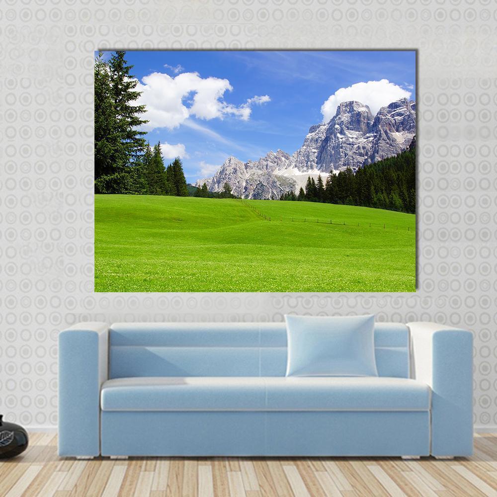 Dolomites Landscape Italy Canvas Wall Art in white, green and blue, single panel hung on a wall