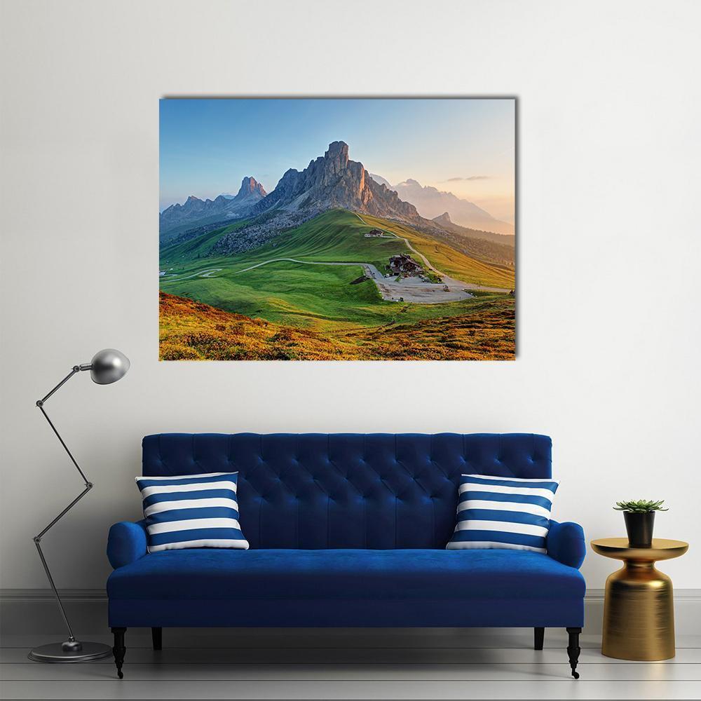 Dolomites Winding Road and Jagged Peaks Canvas Wall Art in gray, green and blue, single panel hung on a wall