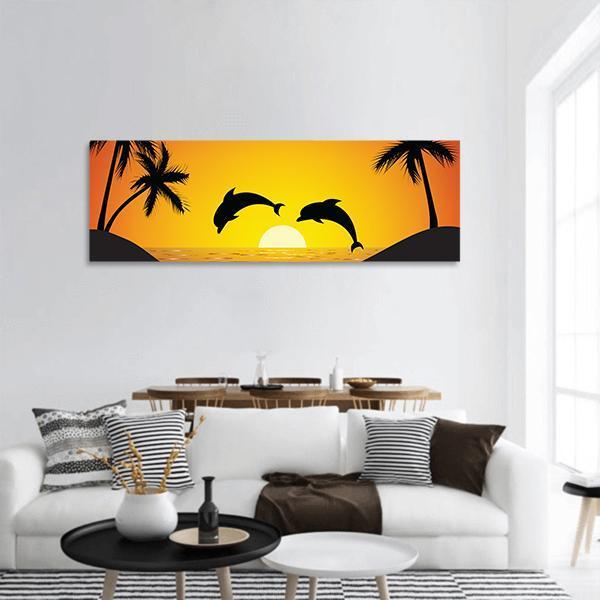 Dolphin Jumping At Sunset Panoramic Canvas Wall Art-1 Piece-36" x 12"-Tiaracle