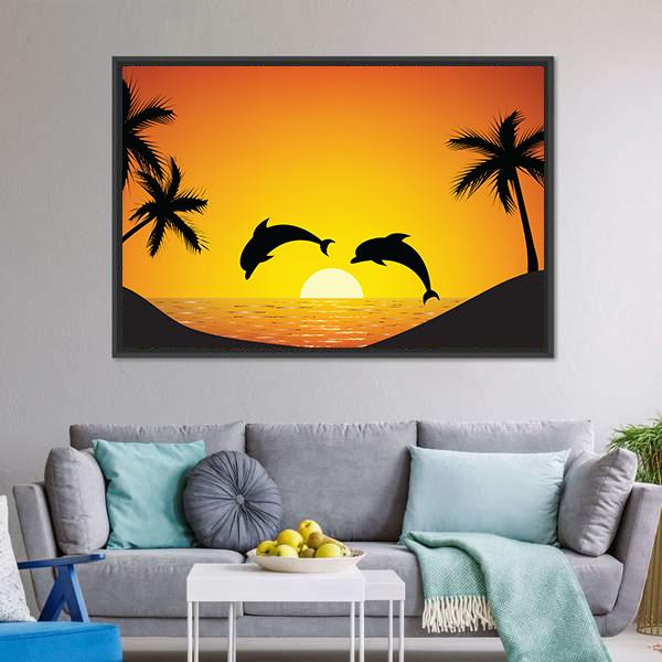 Dolphin Jumping At Sunset Panoramic Canvas Wall Art-1 Piece-36" x 12"-Tiaracle