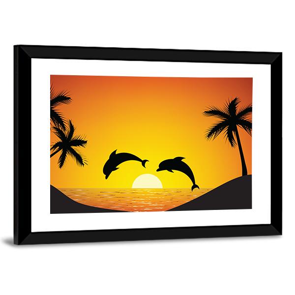 Dolphin Jumping At Sunset Panoramic Canvas Wall Art-1 Piece-36" x 12"-Tiaracle
