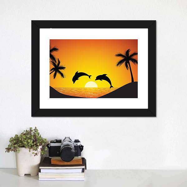 Dolphin Jumping At Sunset Panoramic Canvas Wall Art-1 Piece-36" x 12"-Tiaracle