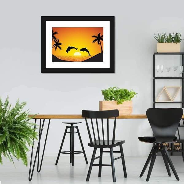 Dolphin Jumping At Sunset Panoramic Canvas Wall Art-1 Piece-36" x 12"-Tiaracle