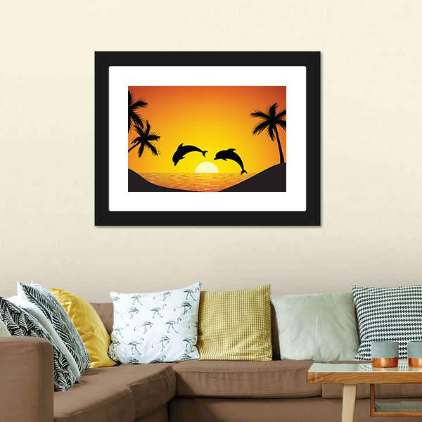 Dolphin Jumping At Sunset Panoramic Canvas Wall Art-1 Piece-36" x 12"-Tiaracle