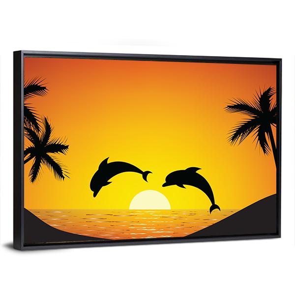 Dolphin Jumping At Sunset Panoramic Canvas Wall Art-1 Piece-36" x 12"-Tiaracle