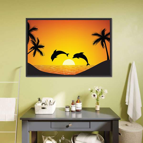 Dolphin Jumping At Sunset Panoramic Canvas Wall Art-1 Piece-36" x 12"-Tiaracle