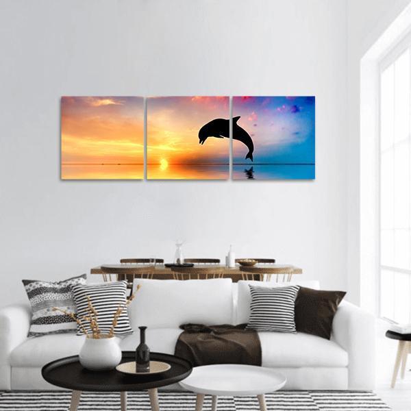 Silhouette Of Jumping Dolphin Panoramic Canvas Wall Art-3 Piece-25" x 08"-Tiaracle