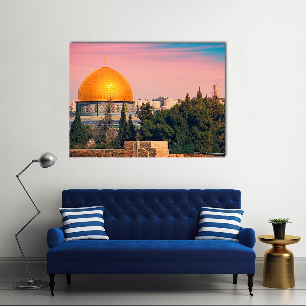 Dome of the Rock, Jerusalem Canvas Wall Art in gold, blue and pink, single panel hung on a wall