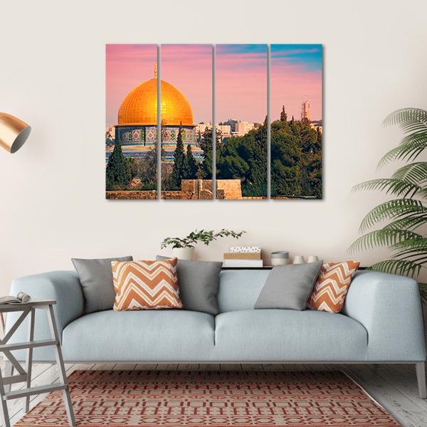 Dome of the Rock, Jerusalem Canvas Wall Art in gold, blue and pink, hung on a wall