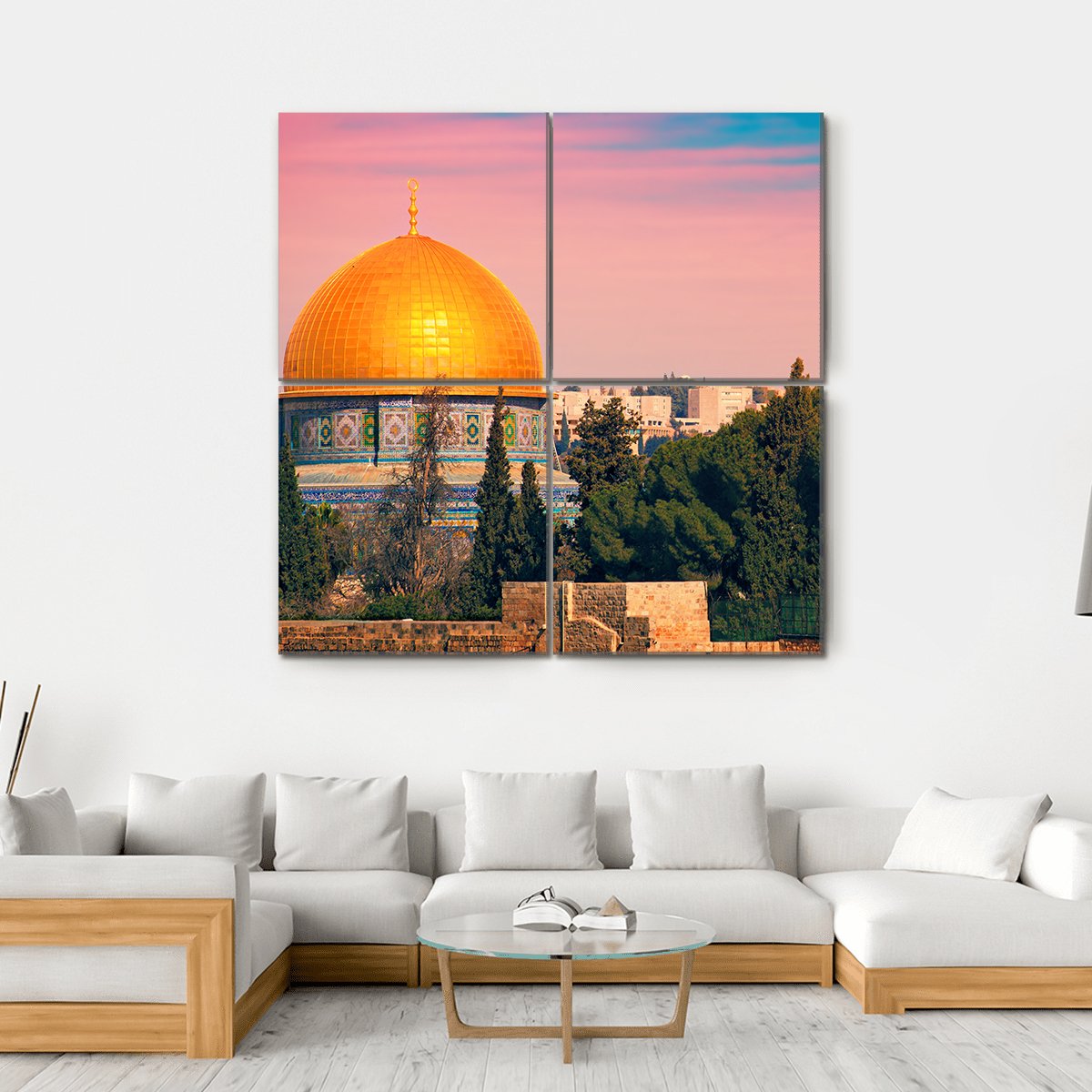Dome of the Rock, Jerusalem Canvas Wall Art in gold, blue and pink, hung on a wall