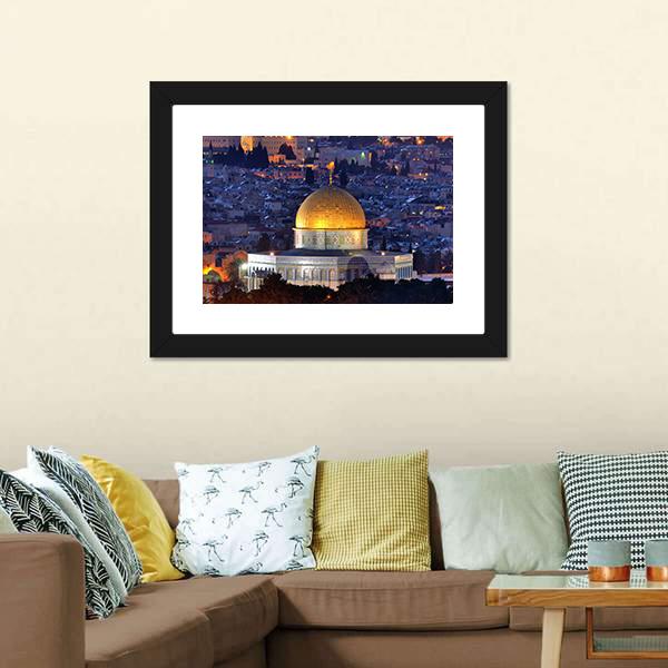 Dome of the Rock, Jerusalem Night View Canvas Wall Art in gold, yellow and blue, hung on a wall