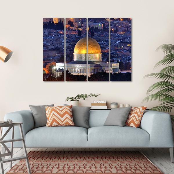 Dome of the Rock, Jerusalem Night View Canvas Wall Art in gold, yellow and blue, hung on a wall