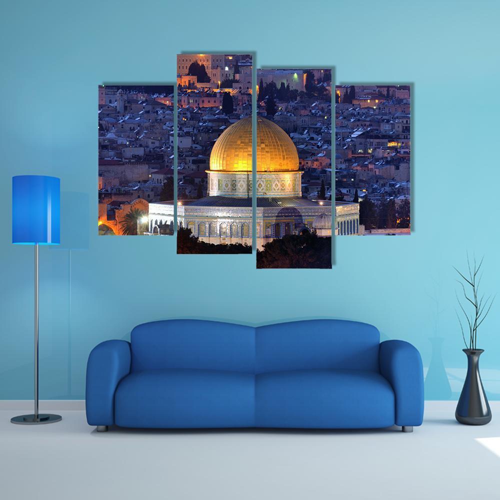 Dome of the Rock, Jerusalem Canvas Wall Art in gold, blue and purple, 3 panel horizontal set hung on a wall