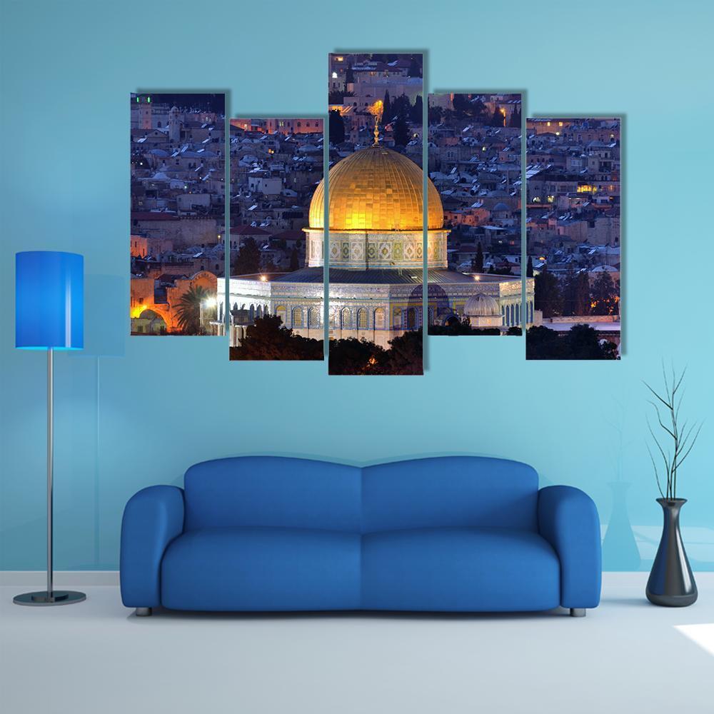 Dome of the Rock, Jerusalem Canvas Wall Art in gold, blue and purple, 5 panel Pop layout hung on a wall