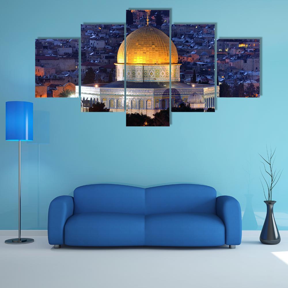 Dome of the Rock, Jerusalem Canvas Wall Art in gold, blue and purple, 3 panel horizontal set hung on a wall