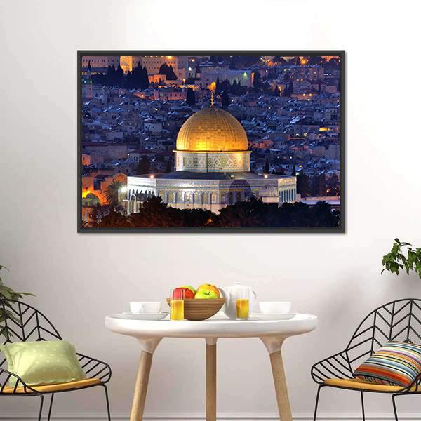 Dome of the Rock, Jerusalem Canvas Wall Art in gold, blue and purple, 3 panel horizontal set hung on a wall