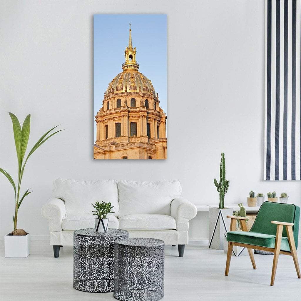 Saint Louis Des Invalides Dome Vertical Canvas Wall Art in beige, gold and blue, hung on a wall