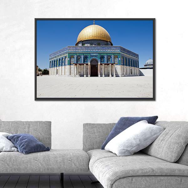 Dome of the Rock Canvas Wall Art in white, gold and blue, single panel hung on a wall