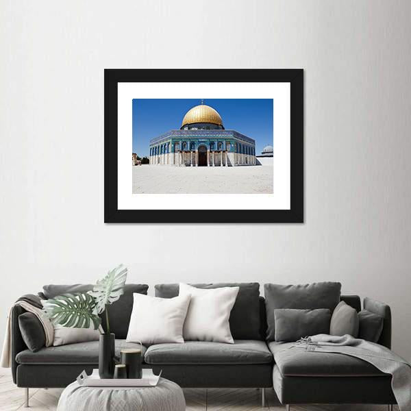 Dome of the Rock Canvas Wall Art in white, gold and blue, single panel hung on a wall