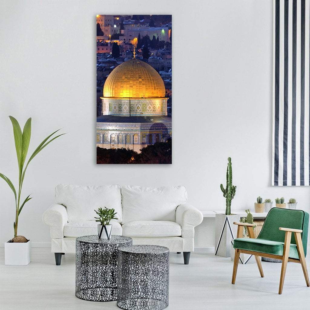 Dome of the Rock, Jerusalem Vertical Canvas Wall Art in gold, yellow and blue, hung on a wall