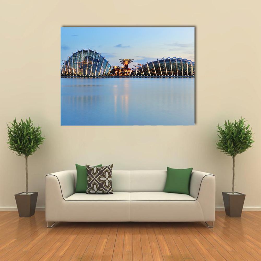 Illuminated Domes and Super Trees Canvas Wall Art in white, gold and blue, single panel hung on a wall