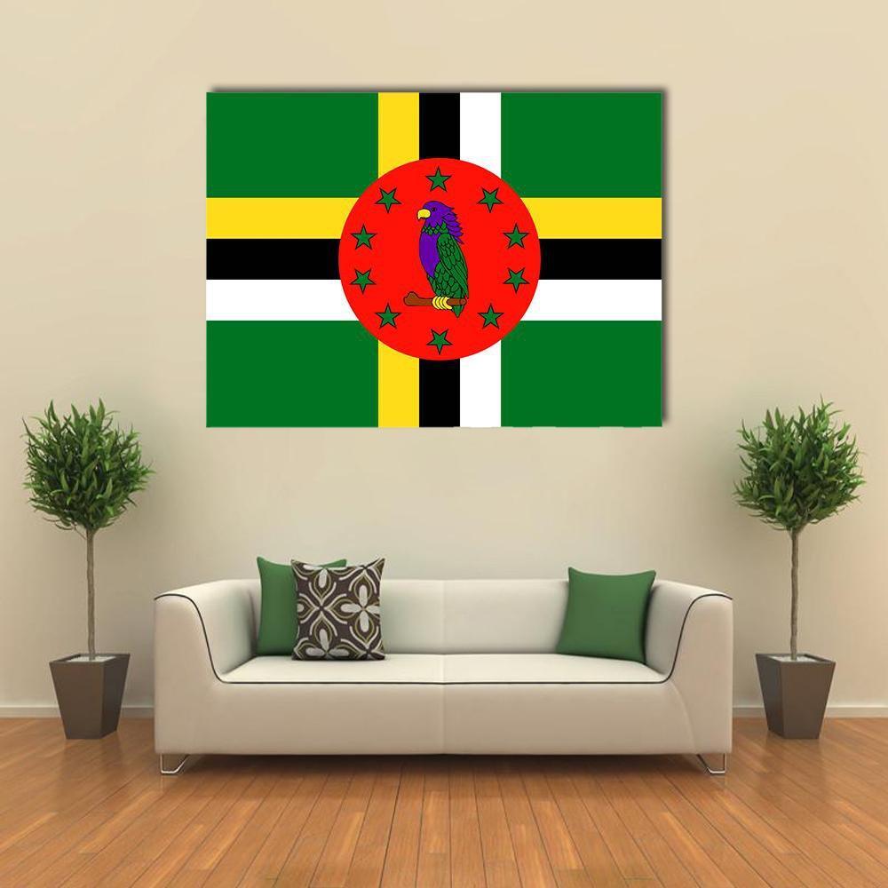 Dominica Flag with Sisserou Parrot Canvas Wall Art in red, yellow and green, single panel hung on a wall