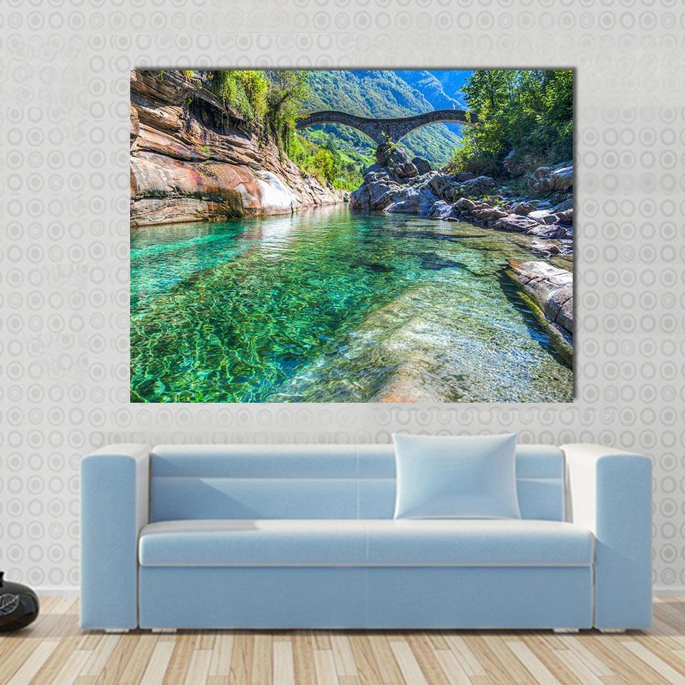 Double Arched Verzasca Canvas Wall Art in brown, green and blue, single panel hung on a wall