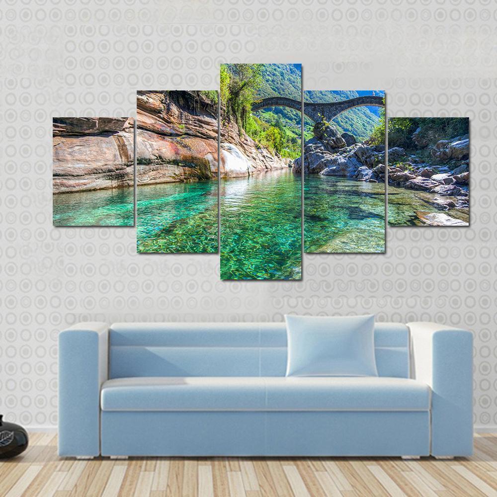 Double Arched Verzasca Canvas Wall Art-4 Pop-Gallery Wrap-50" x 32"-Tiaracle
