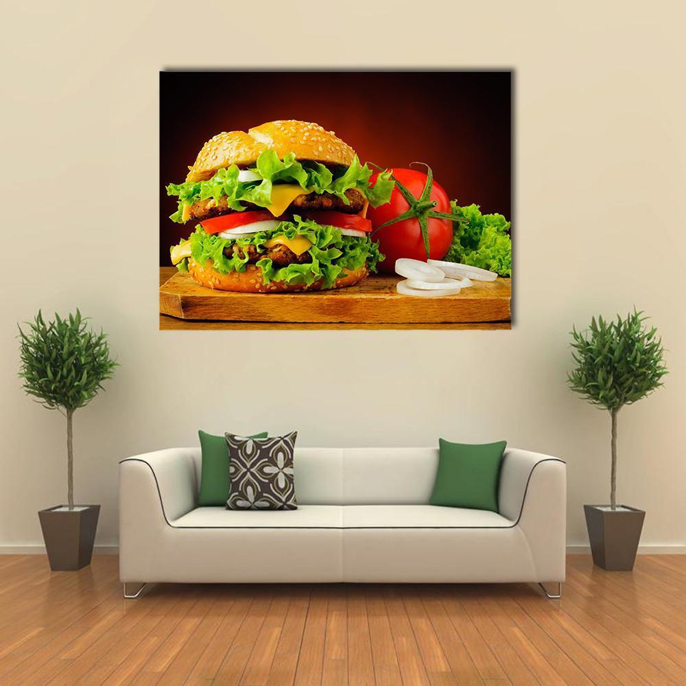 Double Cheeseburger with Sesame Bun Canvas Wall Art in brown, yellow and green, single panel hung on a wall