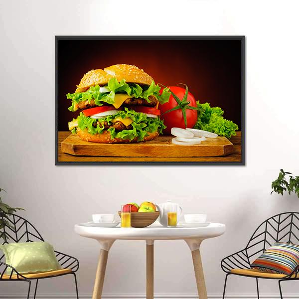 Double Cheeseburger with Sesame Bun Canvas Wall Art in brown, yellow and green, framed canvas, product view on a white background