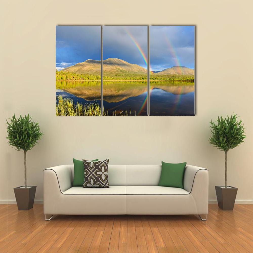 Double Rainbow Over Lake And Mountains Canvas Wall Art-3 Horizontal-Gallery Wrap-25" x 16"-Tiaracle