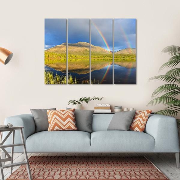 Double Rainbow Over Lake And Mountains Canvas Wall Art-4 Horizontal-Gallery Wrap-34" x 24"-Tiaracle