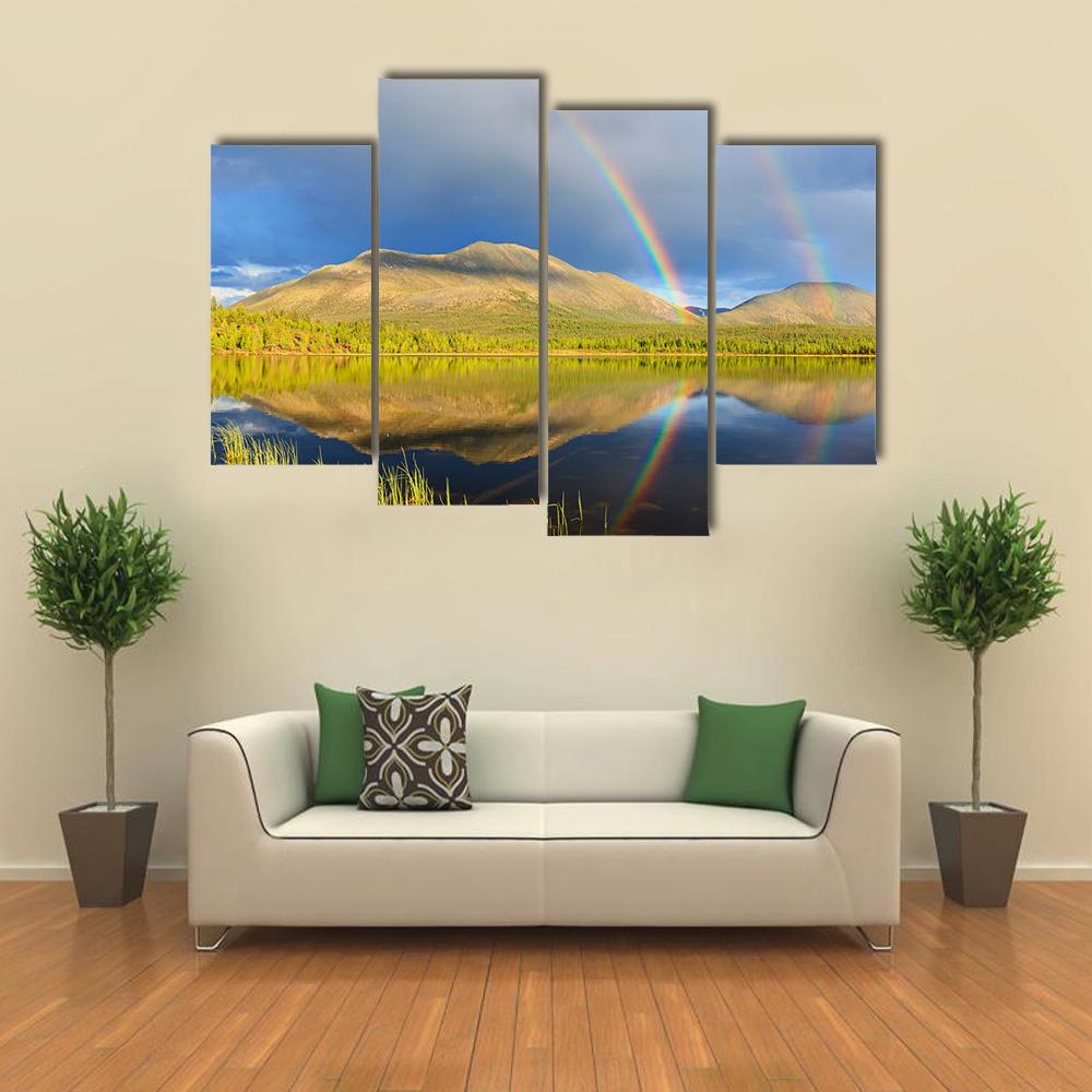 Double Rainbow Over Lake And Mountains Canvas Wall Art-4 Pop-Gallery Wrap-34" x 20"-Tiaracle