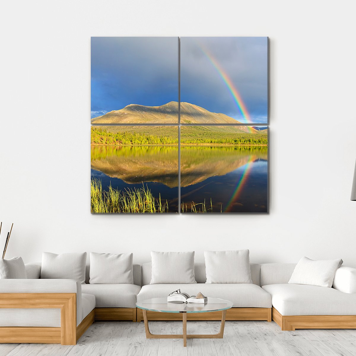 Double Rainbow Over Lake And Mountains Canvas Wall Art-4 Square-Gallery Wrap-17" x 17"-Tiaracle