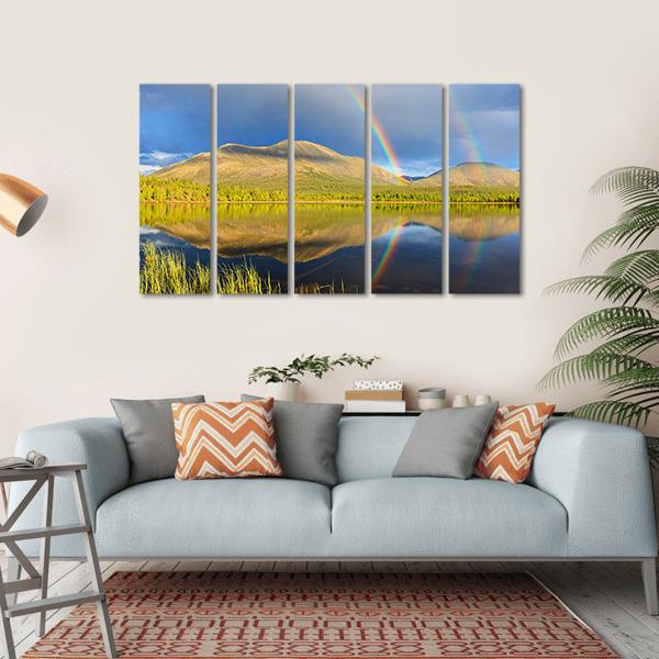 Double Rainbow Over Lake And Mountains Canvas Wall Art-5 Horizontal-Gallery Wrap-22" x 12"-Tiaracle