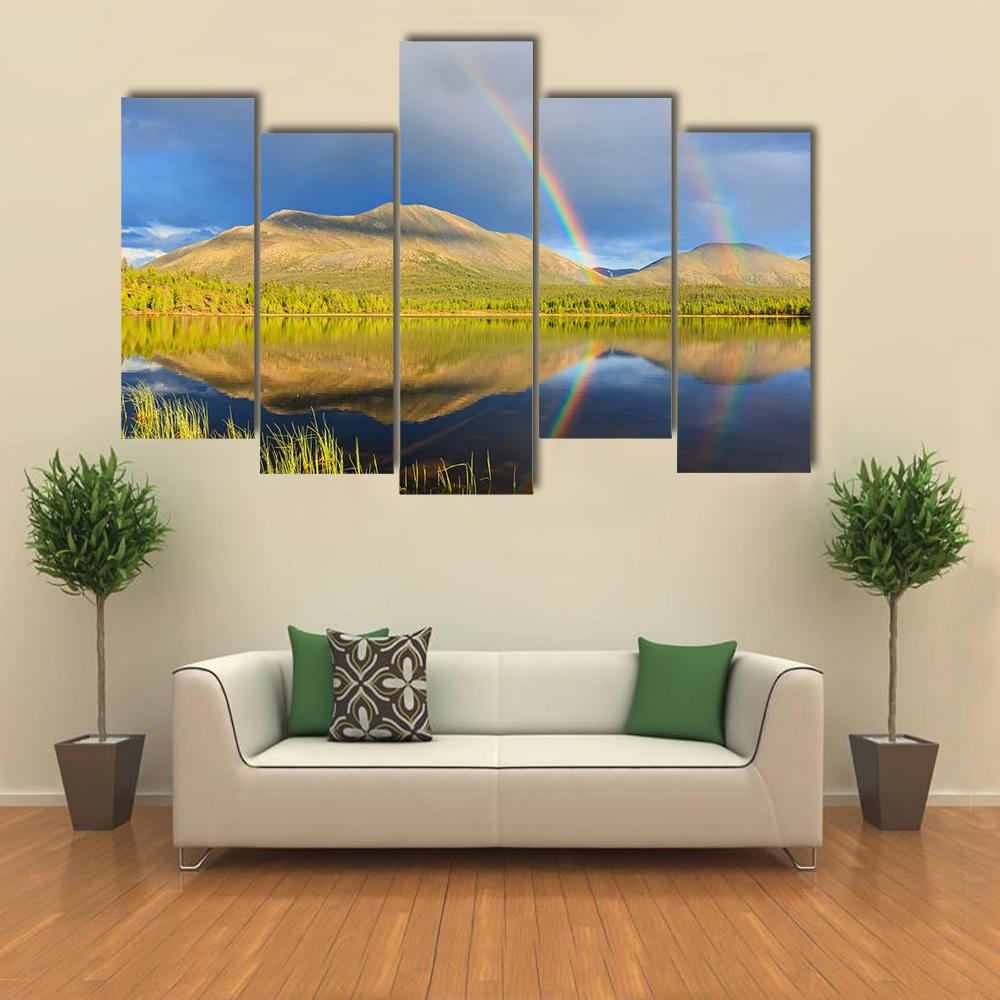 Double Rainbow Over Lake And Mountains Canvas Wall Art-5 Pop-Gallery Wrap-32" x 21"-Tiaracle