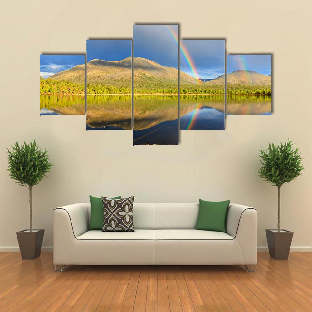 Double Rainbow Over Lake And Mountains Canvas Wall Art-5 Star-Gallery Wrap-42" x 21"-Tiaracle