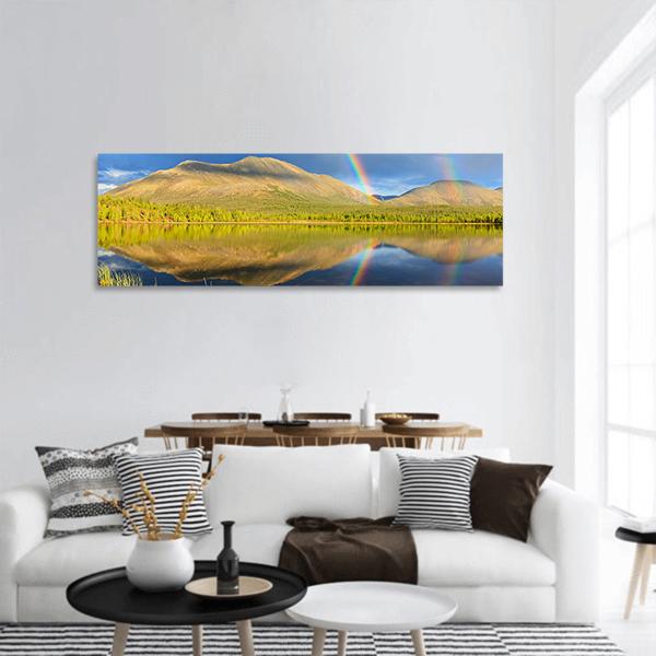 Double Rainbow Over Lake And Mountains Panoramic Canvas Wall Art-1 Piece-36" x 12"-Tiaracle