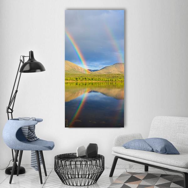 Double Rainbow Over Lake And Mountains Vertical Canvas Wall Art-1 Vertical-Gallery Wrap-12" x 24"-Tiaracle