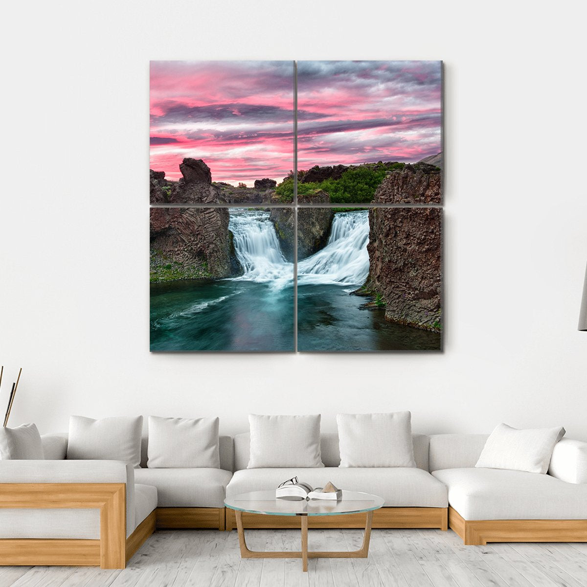 Double Waterfall Hjalparfoss Canvas Wall Art-4 Square-Gallery Wrap-17" x 17"-Tiaracle